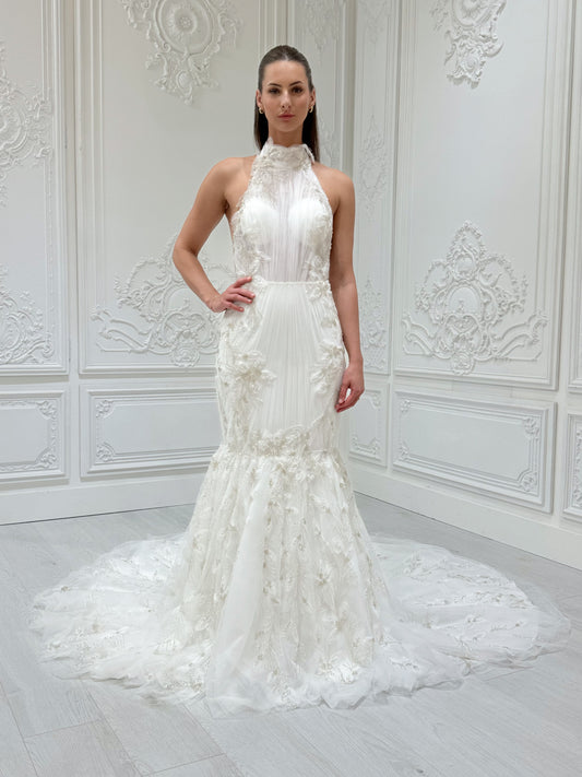 Stock Sale! Bridal size 12! Custom-made beading 3D floral lace halter neck with open back mermaid wedding dress - Ting's Bridal Collection