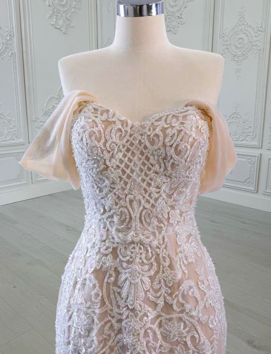 TBC-CM39 Custom-made champagne color off the shoulder lace embroidered mermaid wedding dress