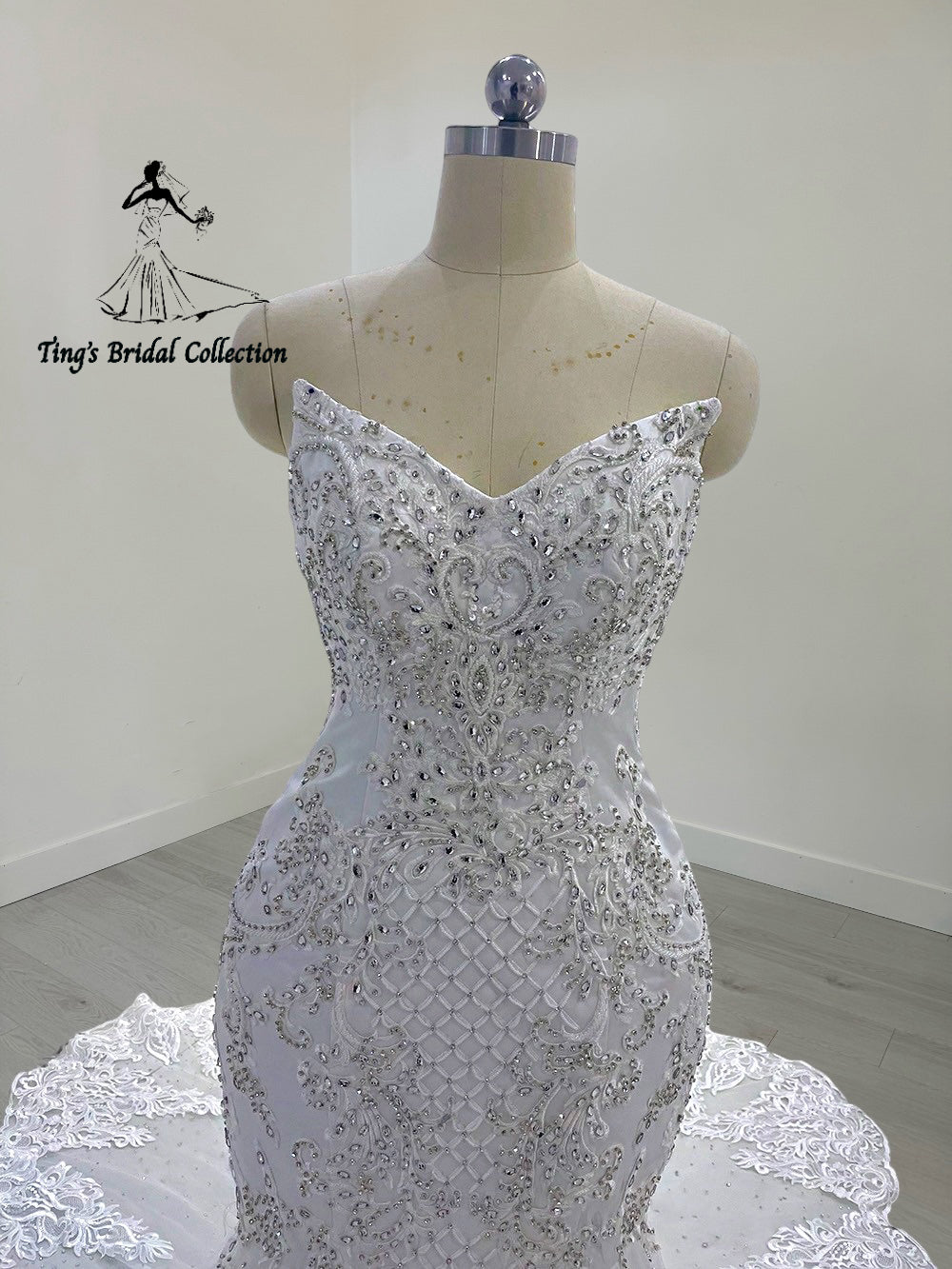 TBC-M045 Made to order lace embroidered with crystal beaded mermaid wedding dress