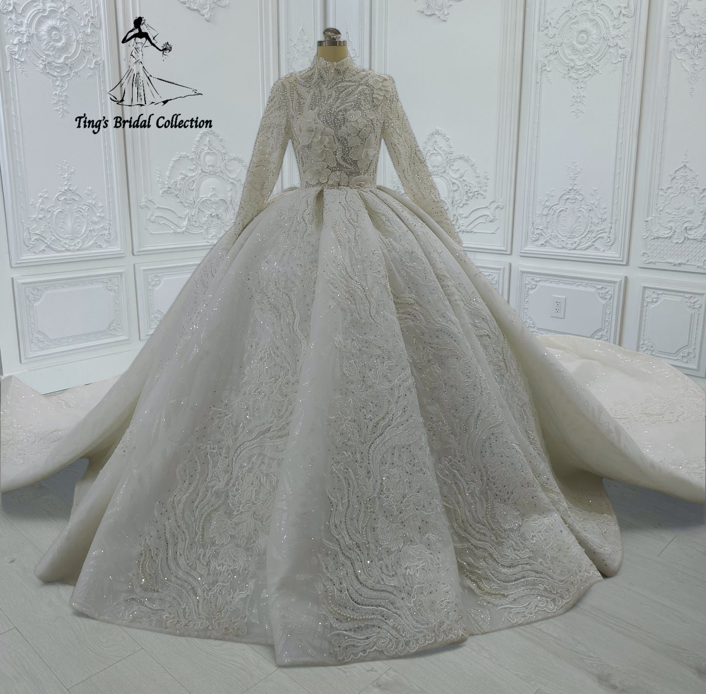 Custom-made luxury beading 3D floral Hight neck fully covered long sleeve ballgown royal wedding dress - Ting's Bridal Collection