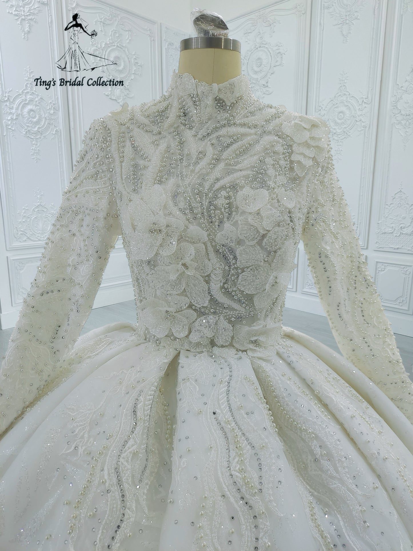Custom-made luxury beading 3D floral Hight neck fully covered long sleeve ballgown royal wedding dress - Ting's Bridal Collection