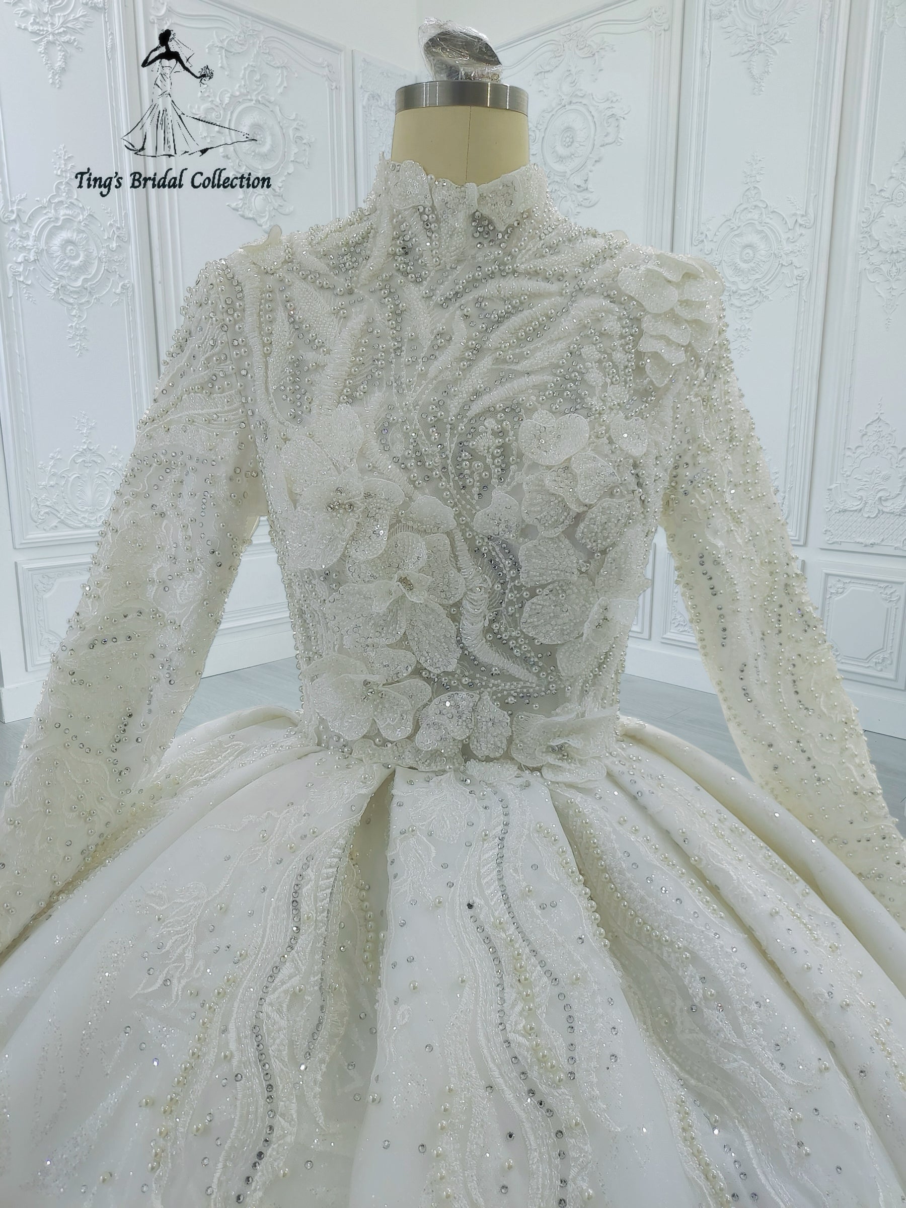 Custom-made luxury beading 3D floral Hight neck fully covered long sleeve ballgown royal wedding dress - Ting's Bridal Collection