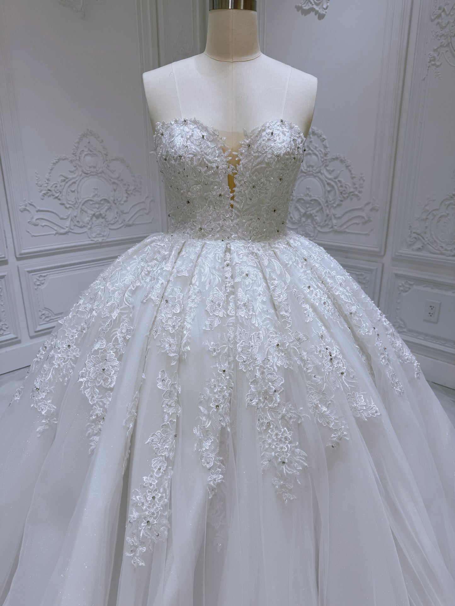 Stock Clearance! Bridal size 12! White floral lace embroidered high neck long sleeve princess ballgown royal wedding dress