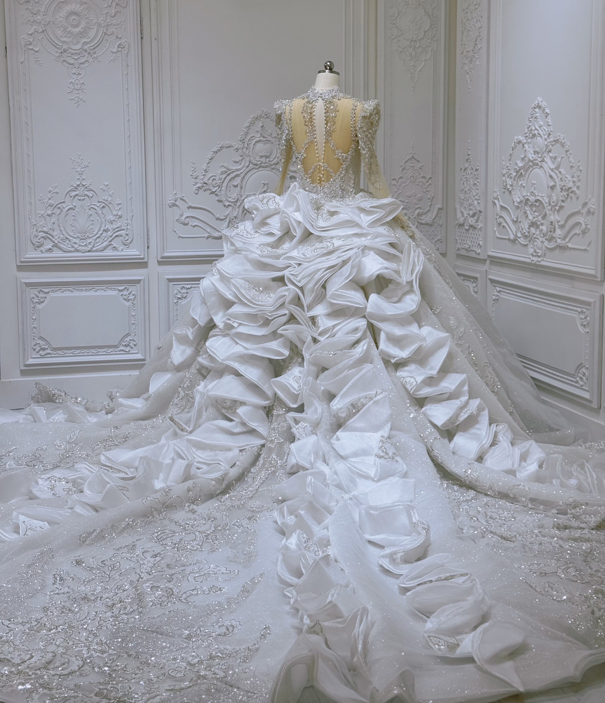 Custom-made luxury beading sparking long sleeve with sweetheart princess ballgown royal wedding dress with ruffled skirt - Ting's Bridal Collection