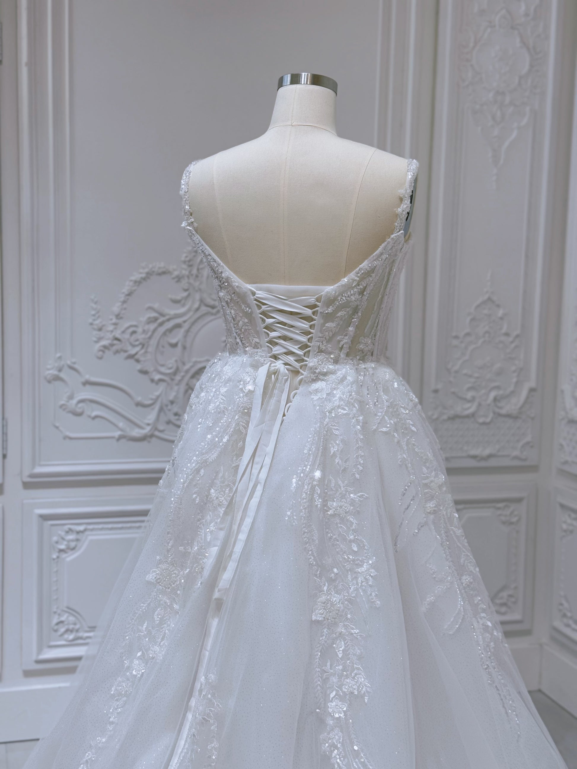 Stock Sale! Custom-made beading with 3D lace embroidered Aline wedding dress with split skirt - Ting's Bridal Collection