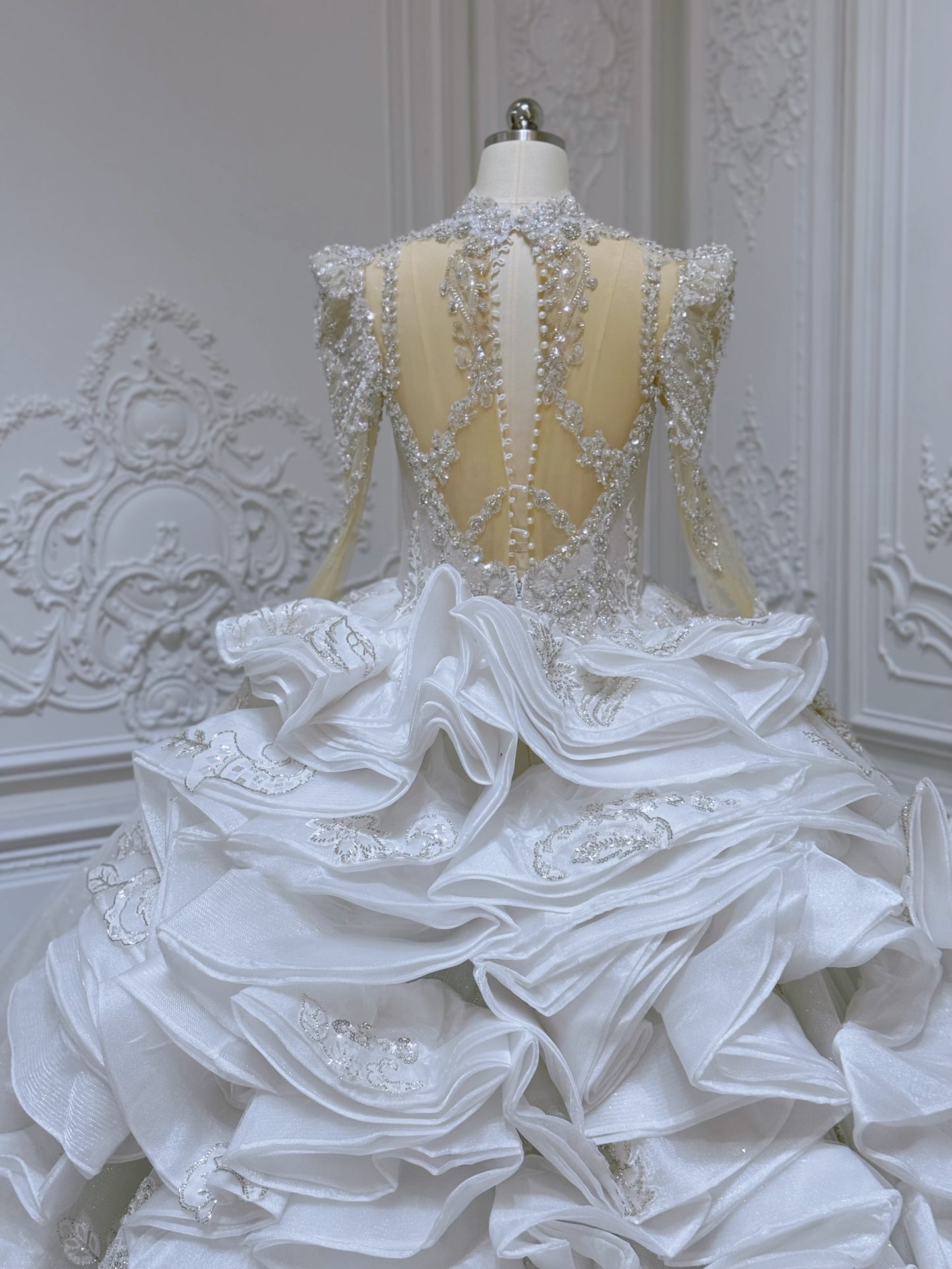 Custom-made luxury beading sparking long sleeve with sweetheart princess ballgown royal wedding dress with ruffled skirt - Ting's Bridal Collection