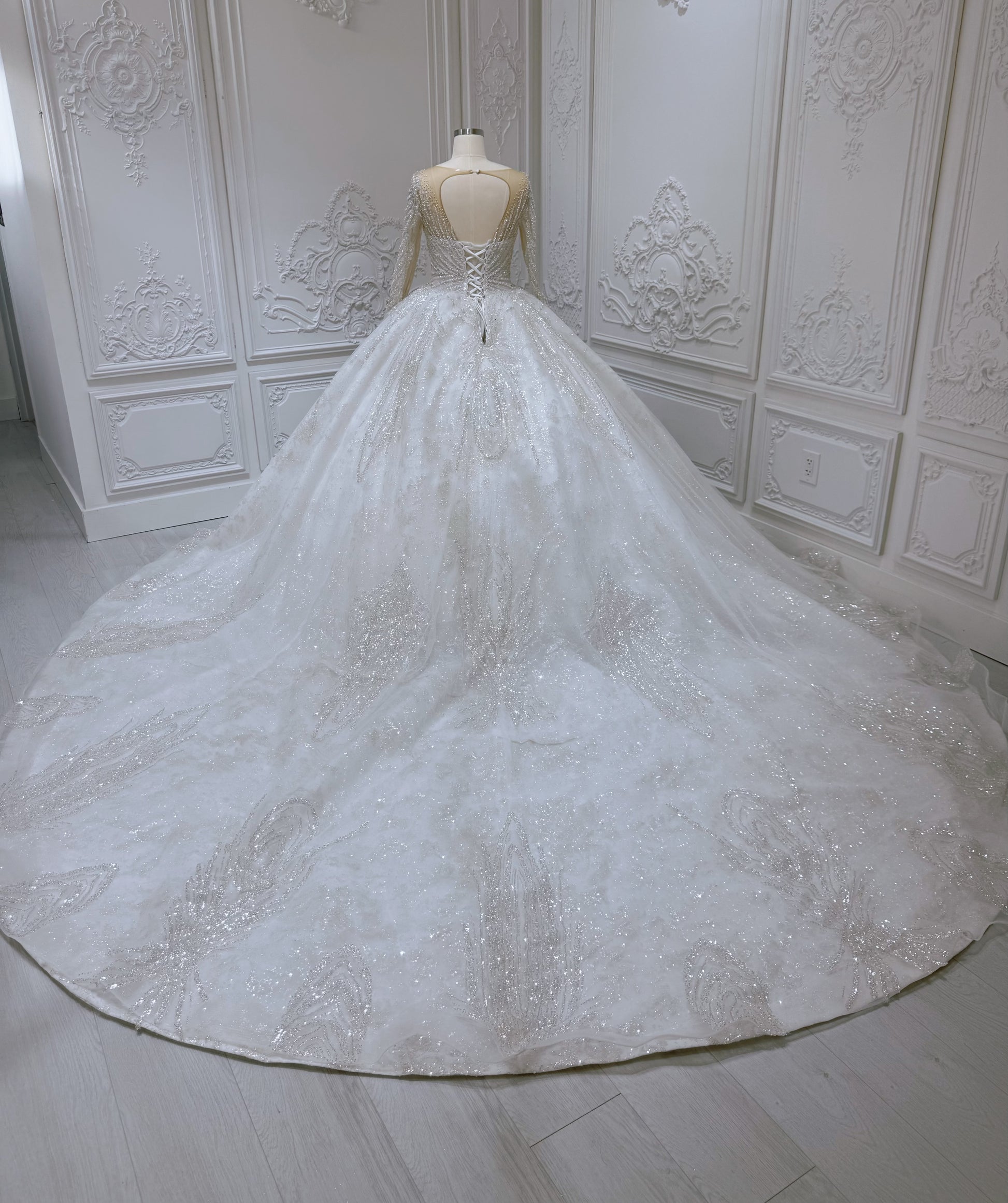 Stock Sale! Bridal size 12! Luxury crystal beading sparkling long sleeve with Deep V princess ballgown royal wedding dress - Ting's Bridal Collection