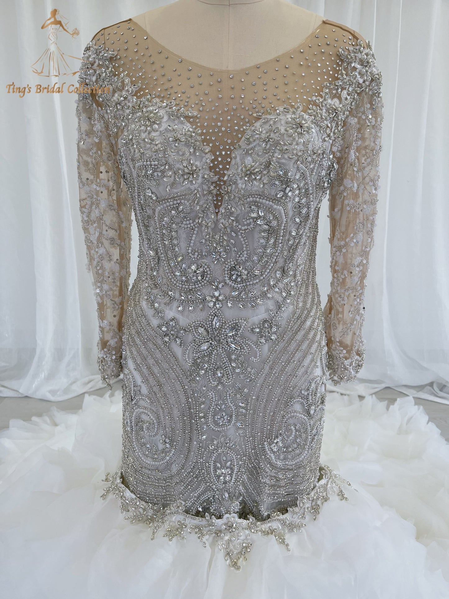 TBC-CM49 Custom-made fully crystal beaded long sleeve mermaid royal wedding dress with detachable ruffles skirt