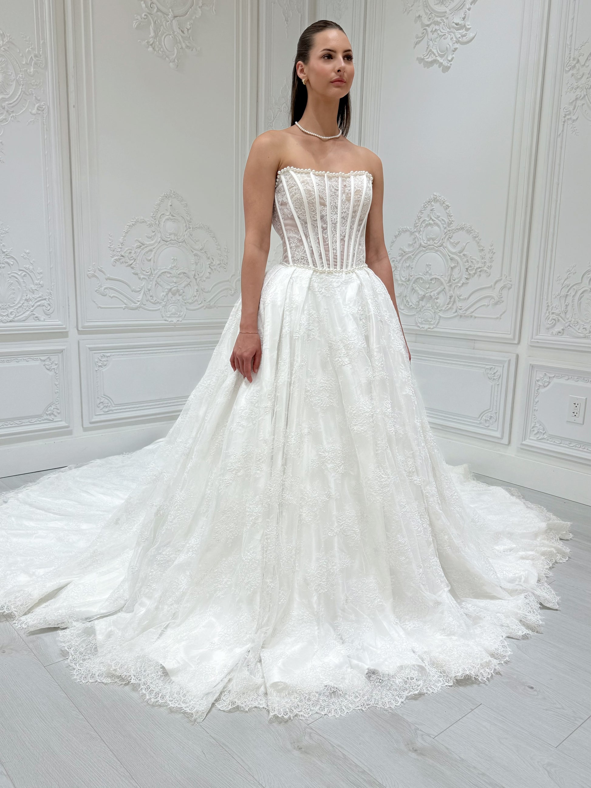 Stock Sale! Bridal size 12! Custom-made straight pearl beading corset lace Aline wedding dress with detachable bow - Ting's Bridal Collection