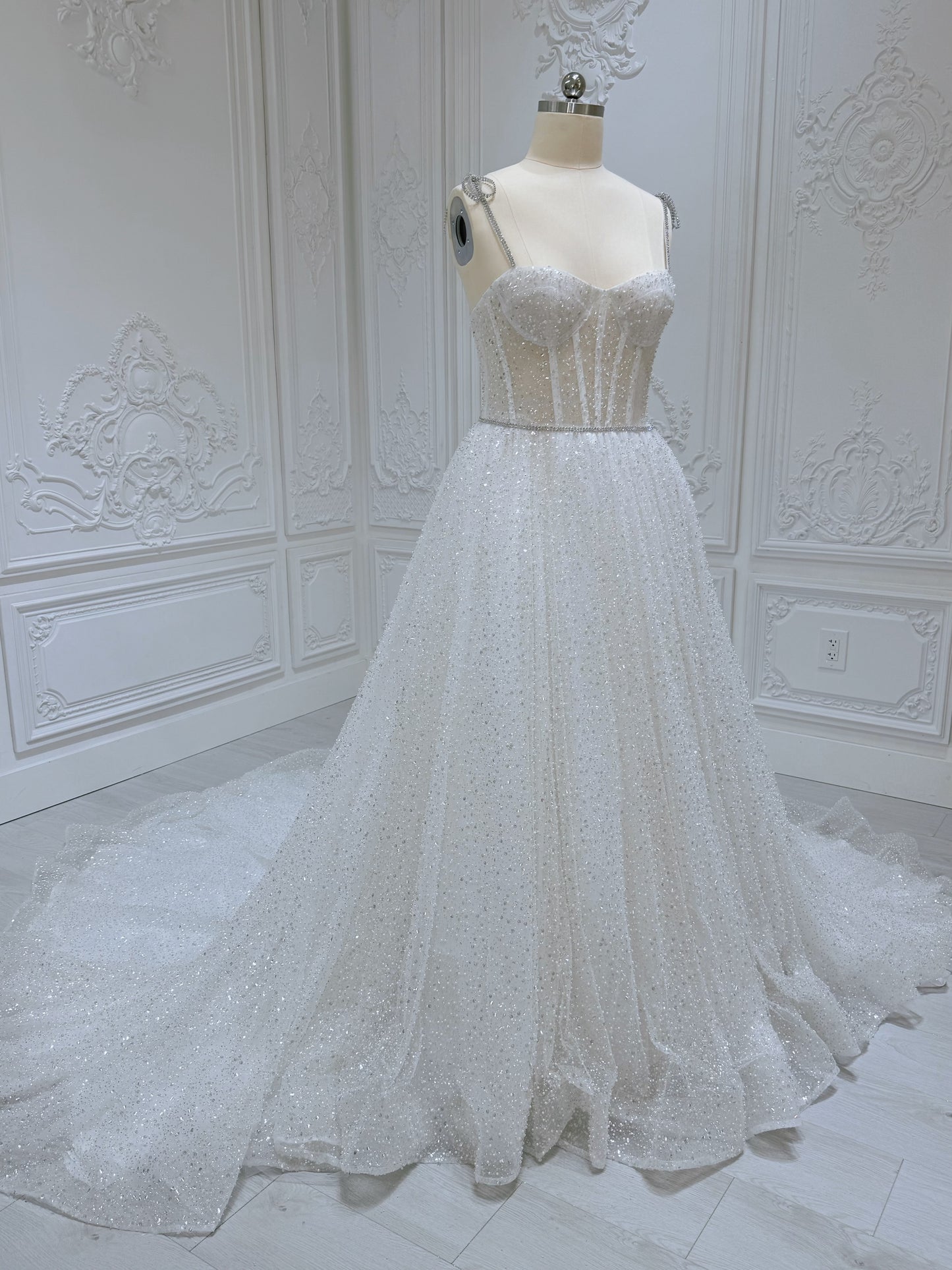 Stock clearance! Bridal size 12! White spaghetti strap sparkling Aline wedding dress