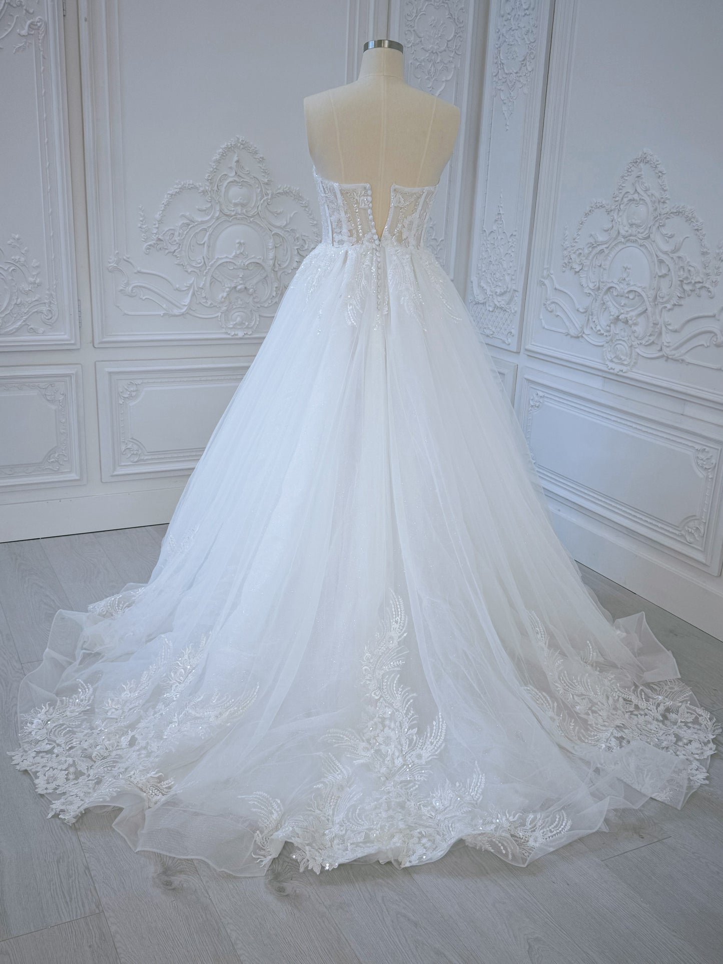 TBC-CM36 Custom-made lace embroidered strapless Aline wedding dress with split skirt