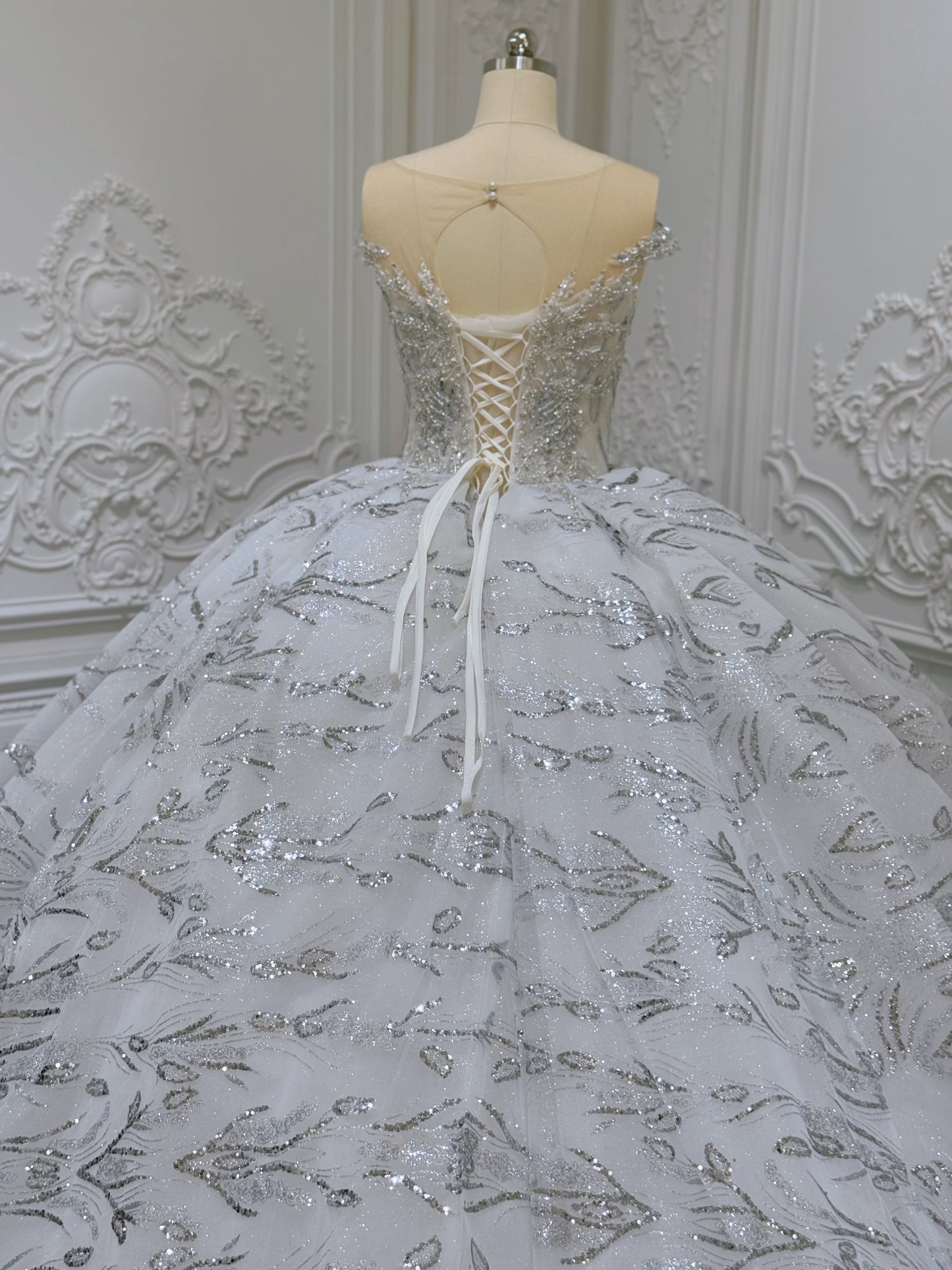 Stock Clearance! Bridal Size 10! Grey crystal beaded cap sleeve sparkling white&silver princess ballgown royal wedding dress