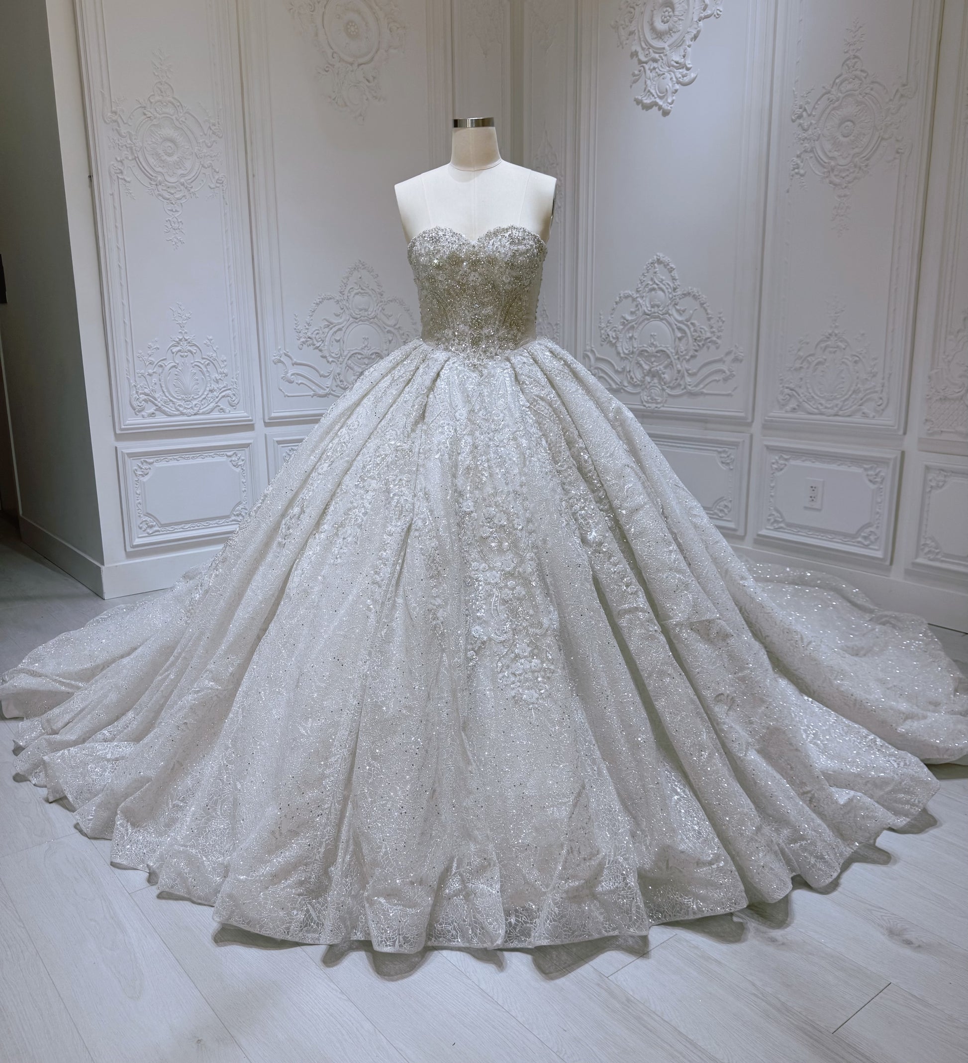 Stock Clearance! Bridal size 12! Luxury beading sparkling strapless princess floral ballgown fairy wedding dress - Ting's Bridal Collection