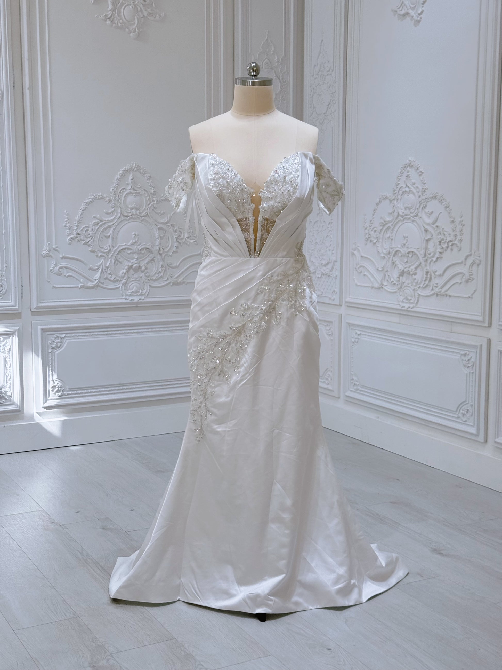 Custom-made off the shoulder pleated white satin with beading lace embroidered 2 in 1 style mermaid wedding dress with detachable skirt - Ting's Bridal Collection