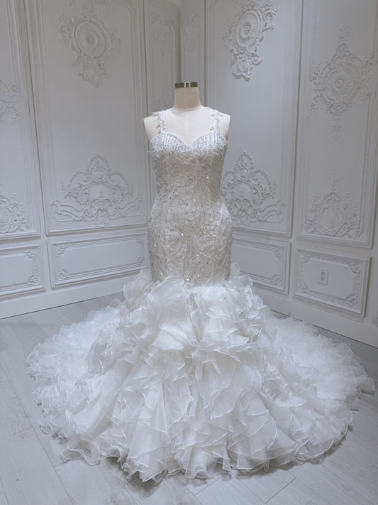 Stock Clearance! Bridal size 14! Custom-made beading lace sweetheart mermaid wedding dress with ruffled skirt