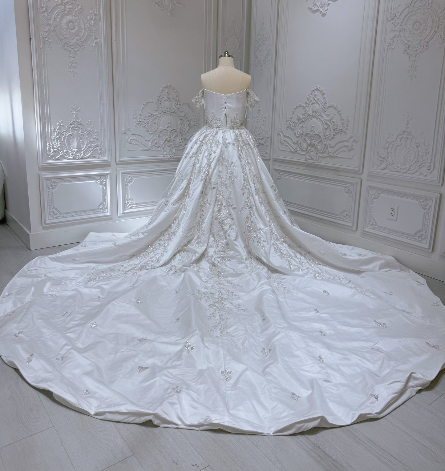 Custom-made off the shoulder pleated white satin with beading lace embroidered 2 in 1 style mermaid wedding dress with detachable skirt - Ting's Bridal Collection