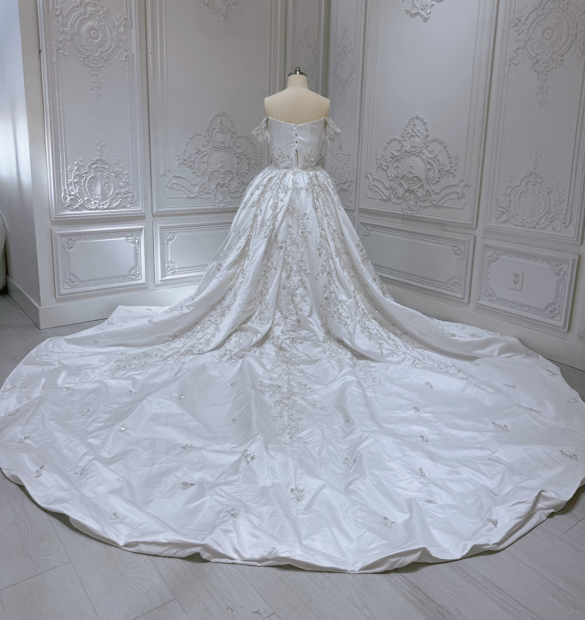 Custom-made off the shoulder pleated white satin with beading lace embroidered 2 in 1 style mermaid wedding dress with detachable skirt - Ting's Bridal Collection