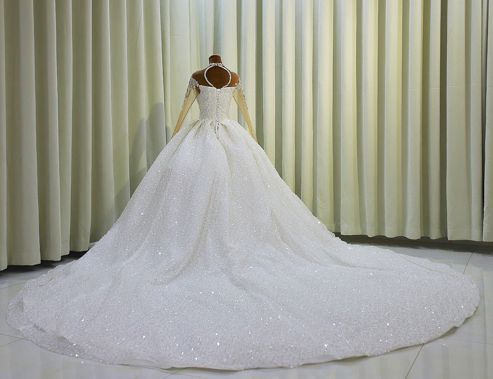 TBC-CM007  Custom-made luxury crystal beading sparkling high neck with long sleeve princess ballgown wedding dress - Ting's Bridal Collection