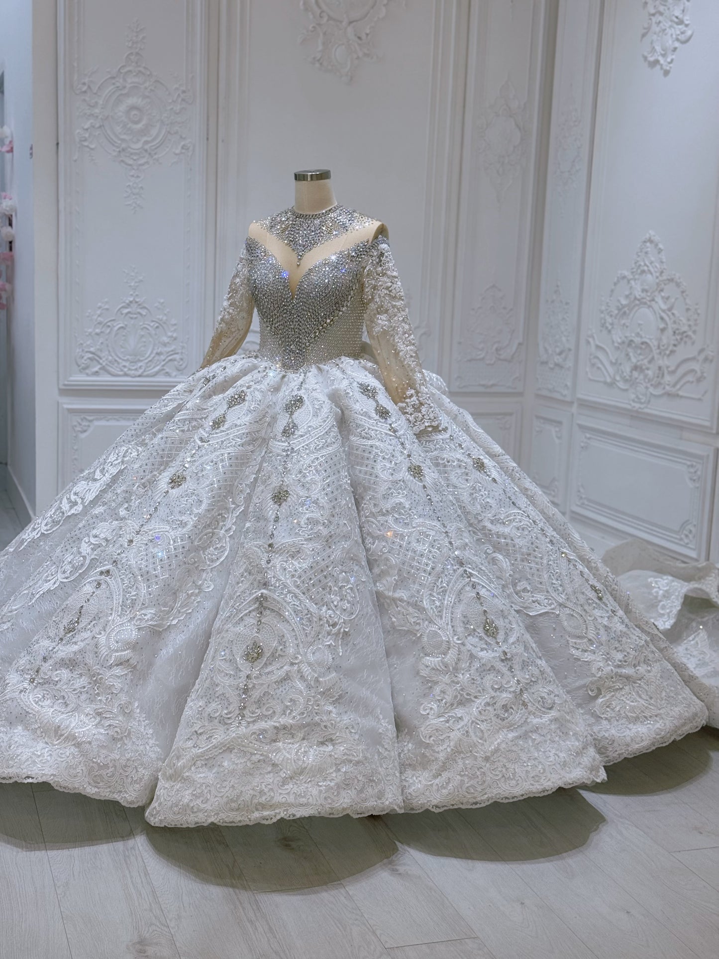 Stock Clearance! Bridal Size 12! Luxury crystal beaded with lace embroidered sparkling long sleeve high neck royal wedding dress