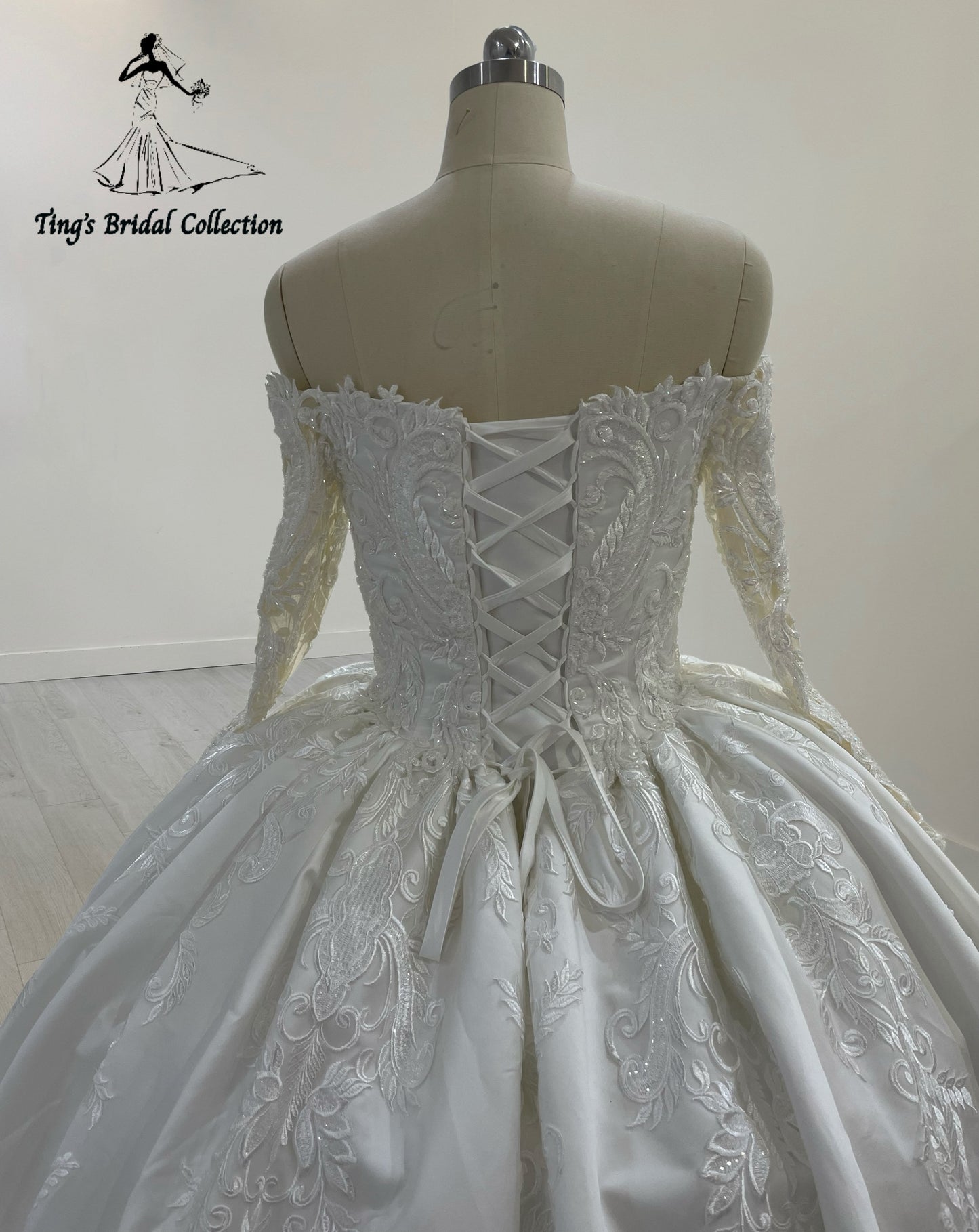 TBC-CM31 Made to order white beading lace off the shoulder long sleeve white satin princess ballgown royal wedding dress with detachable train