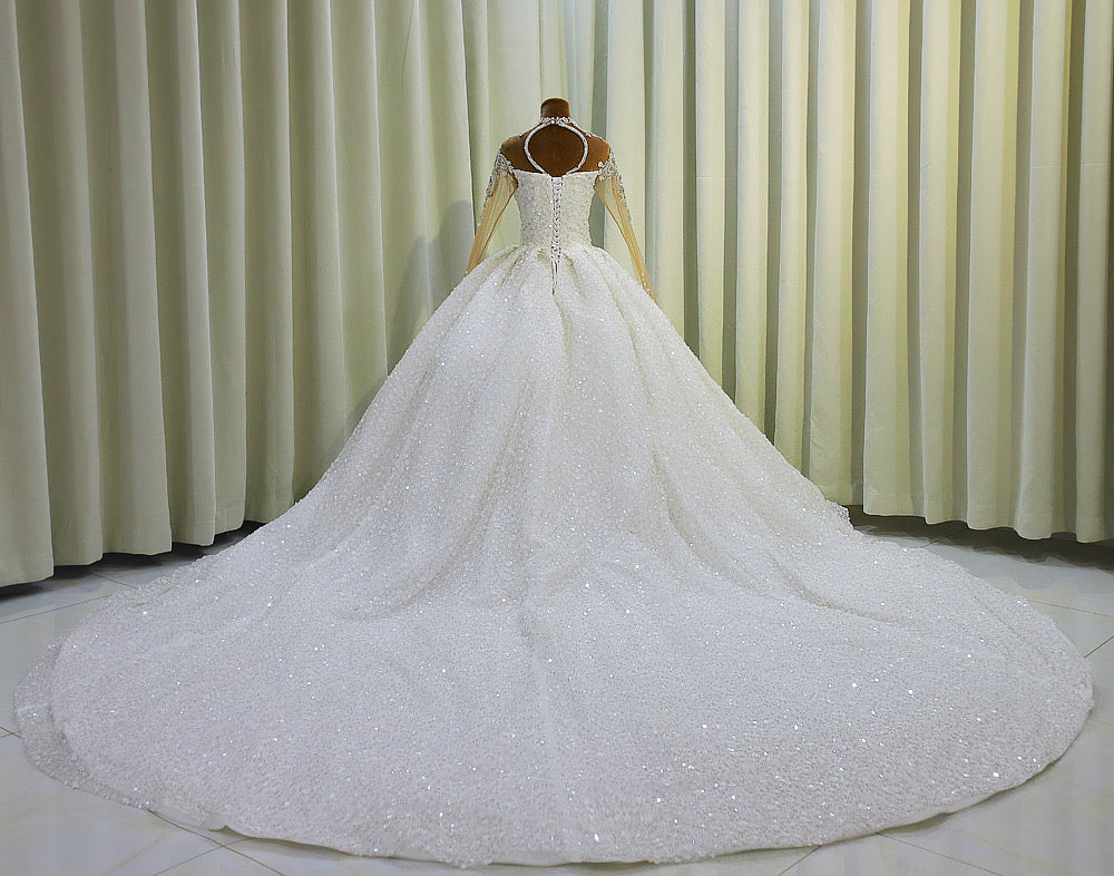 TBC-CM007  Custom-made luxury crystal beading sparkling high neck with long sleeve princess ballgown wedding dress - Ting's Bridal Collection