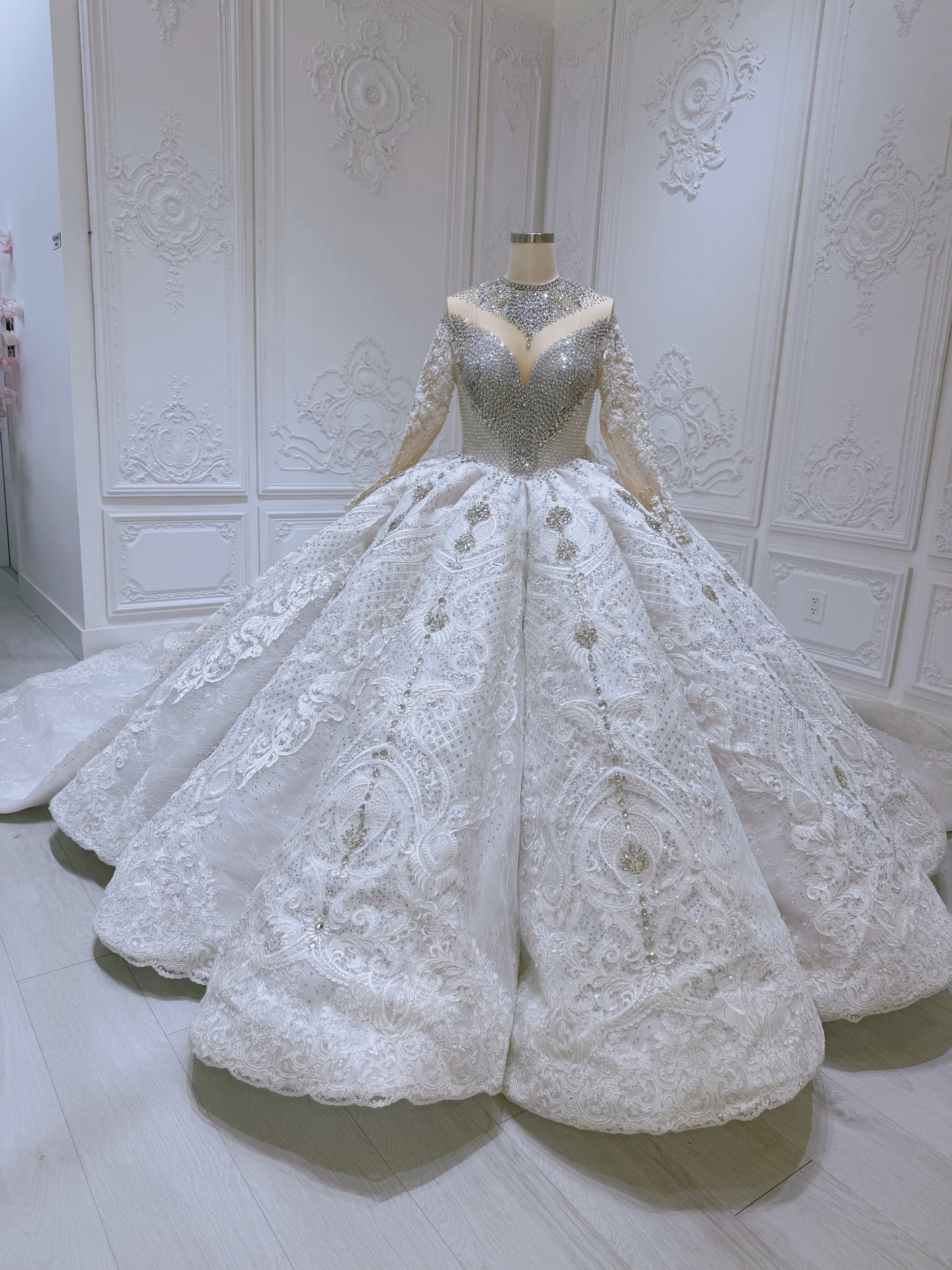 Stock Clearance! Bridal Size 12! Luxury crystal beaded with lace embroidered sparkling long sleeve high neck royal wedding dress