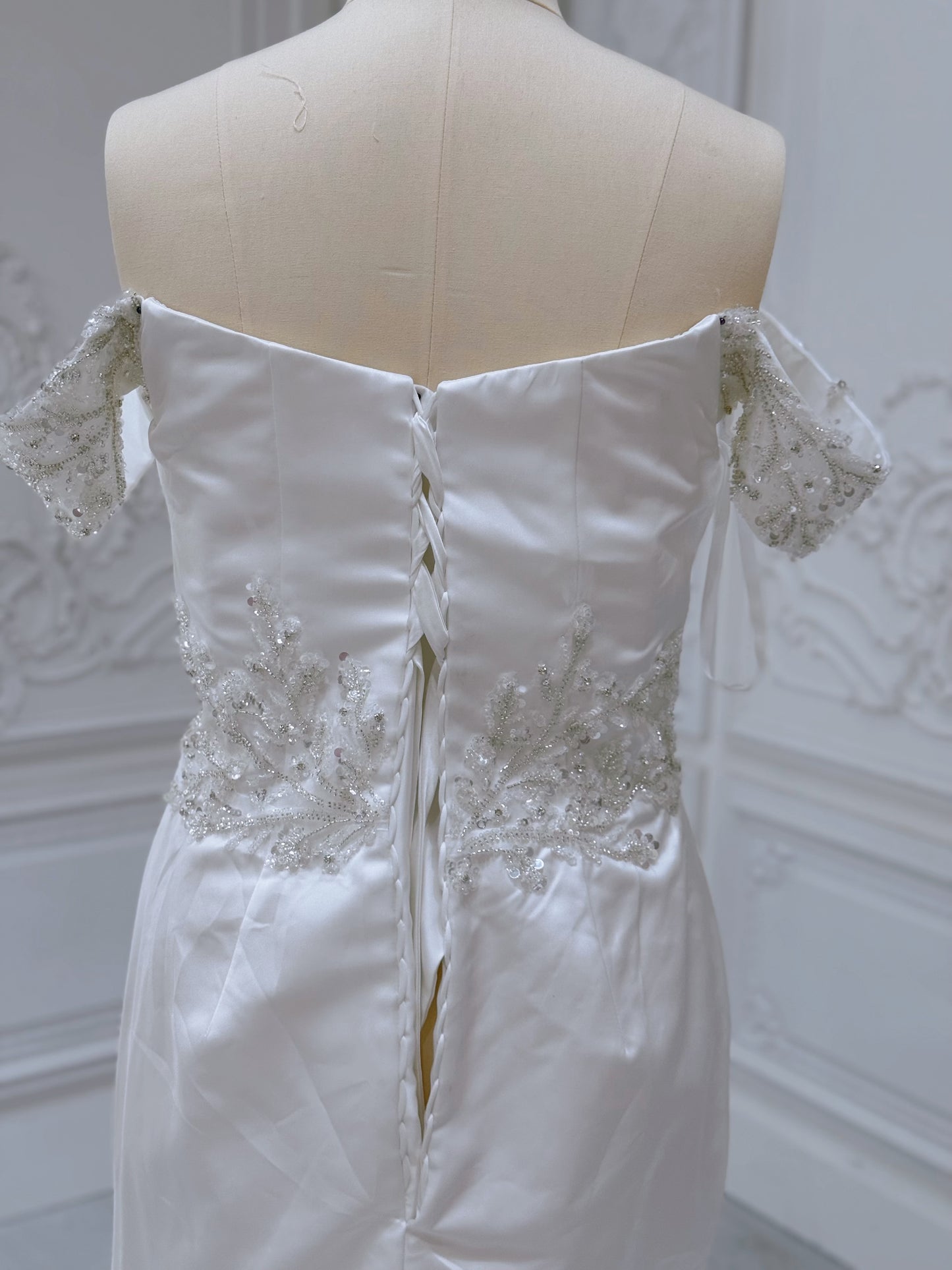 Custom-made off the shoulder pleated white satin with beading lace embroidered 2 in 1 style mermaid wedding dress with detachable skirt - Ting's Bridal Collection