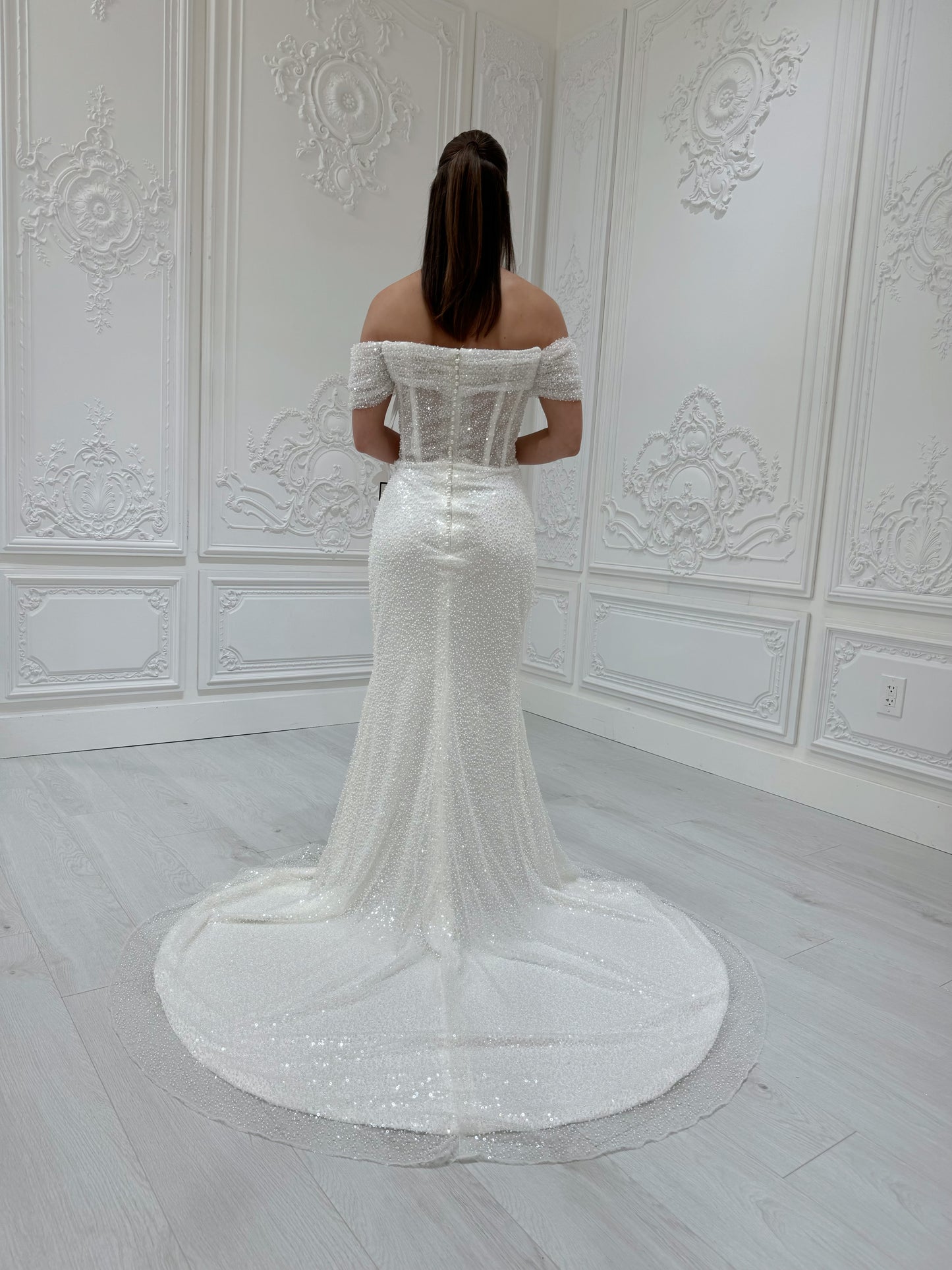Stock Clearance! White beading straight neckline off the shoulder pleated sparkling mermaid wedding dress with detachable skirt - Ting's Bridal Collection