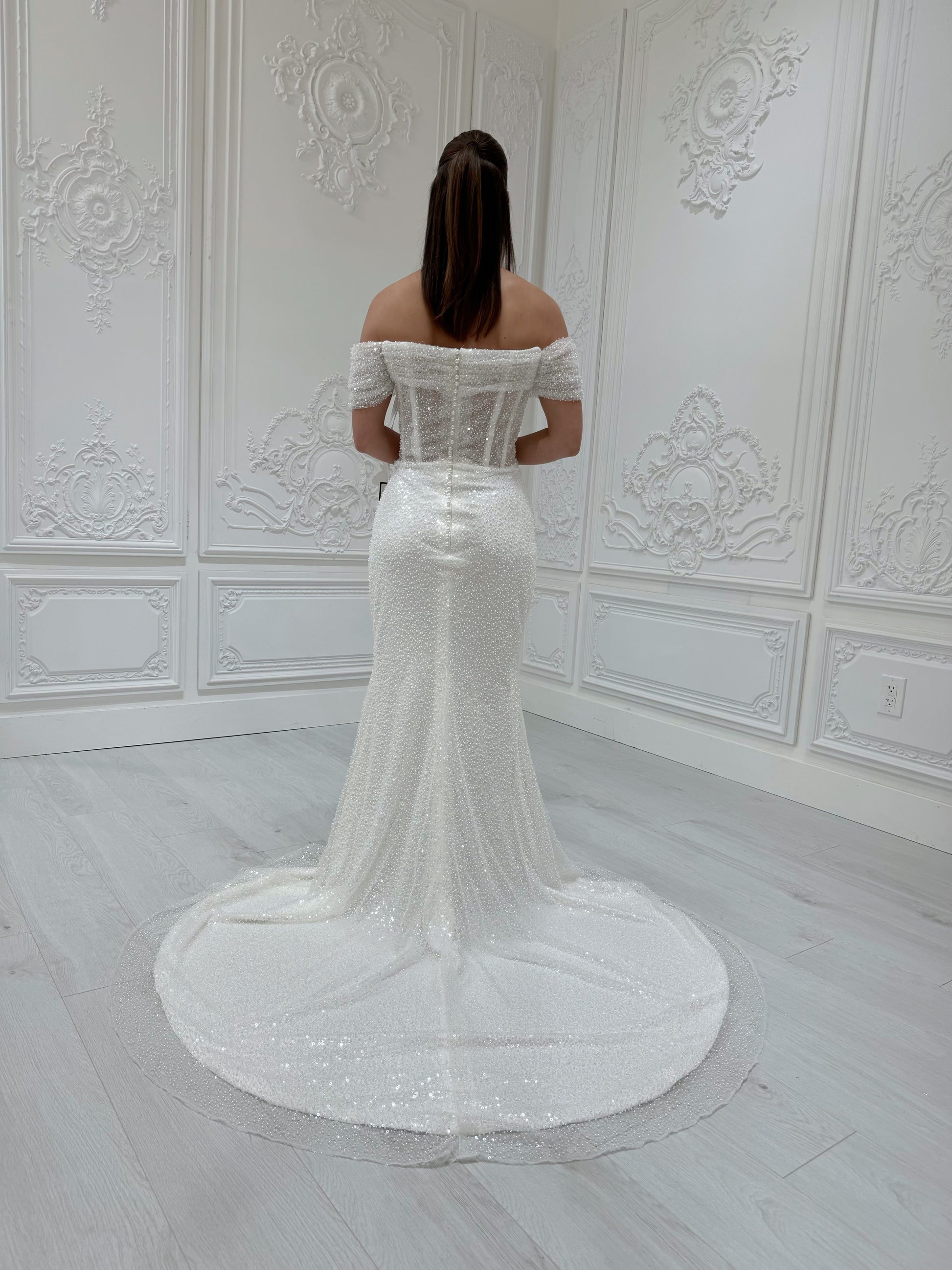 Stock Clearance! White beading straight neckline off the shoulder pleated sparkling mermaid wedding dress with detachable skirt - Ting's Bridal Collection