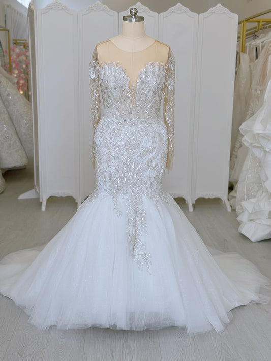 TBC-CM37 Custom-made luxury crystal with beading long sleeve sparkling mermaid wedding dress