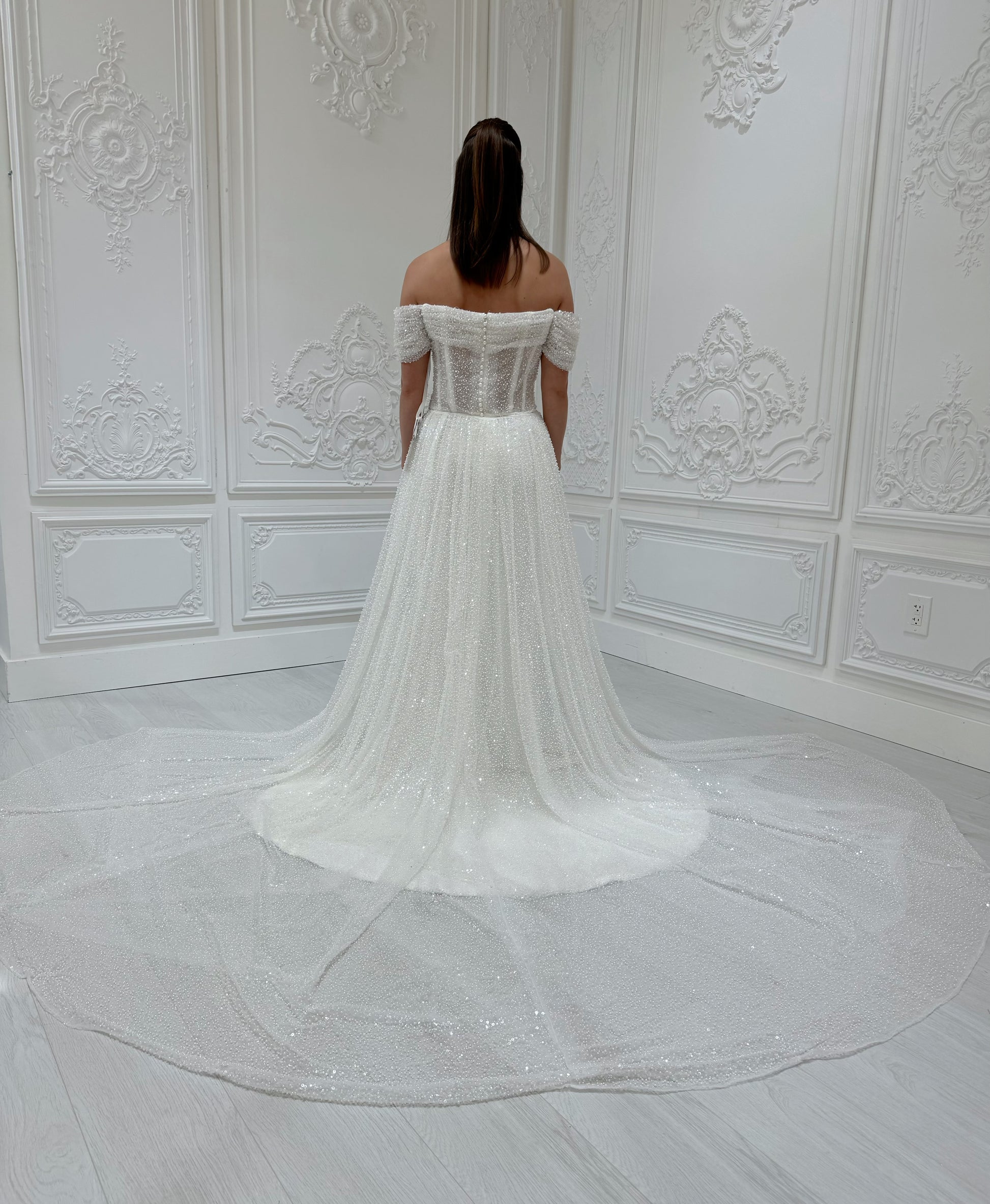 Stock Clearance! White beading straight neckline off the shoulder pleated sparkling mermaid wedding dress with detachable skirt - Ting's Bridal Collection