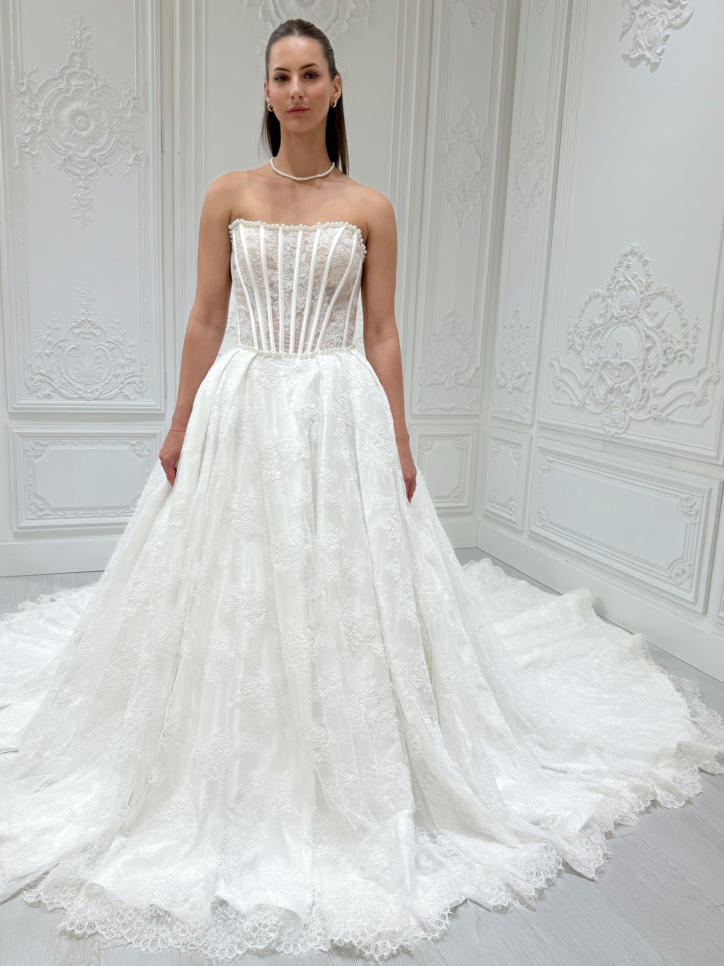 Stock Sale! Bridal size 12! Custom-made straight pearl beading corset lace Aline wedding dress with detachable bow - Ting's Bridal Collection