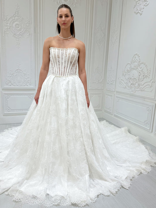 Stock Sale! Bridal size 12! Custom-made straight pearl beading corset lace Aline wedding dress with detachable bow - Ting's Bridal Collection