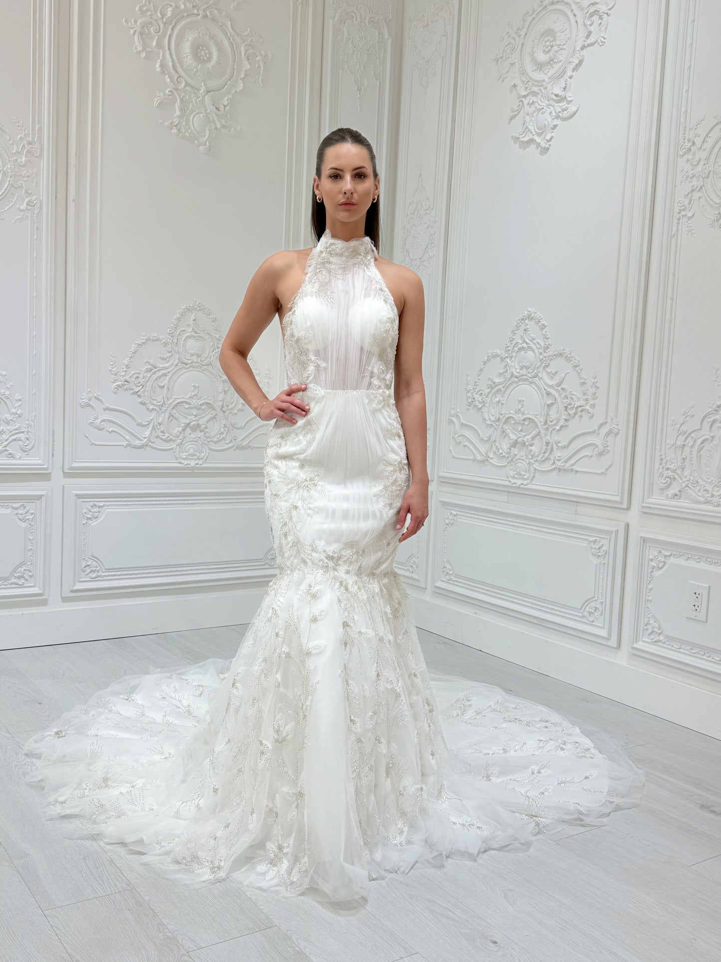 Stock Sale! Bridal size 12! Custom-made beading 3D floral lace halter neck with open back mermaid wedding dress - Ting's Bridal Collection