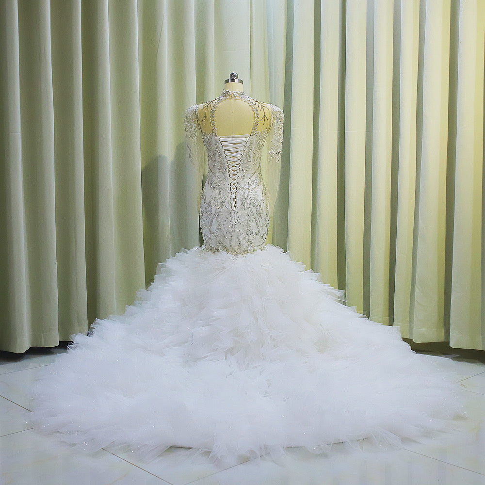 TBC-CM006  Luxury crystal beading long sleeve mermaid royal wedding dress with ruffles skirt - Ting's Bridal Collection