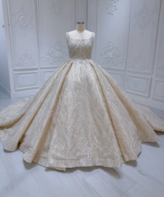 Stock Clearance! Bridal Size 10! Champagne color luxury beading square neck sparkling princess ballgown royal wedding dress