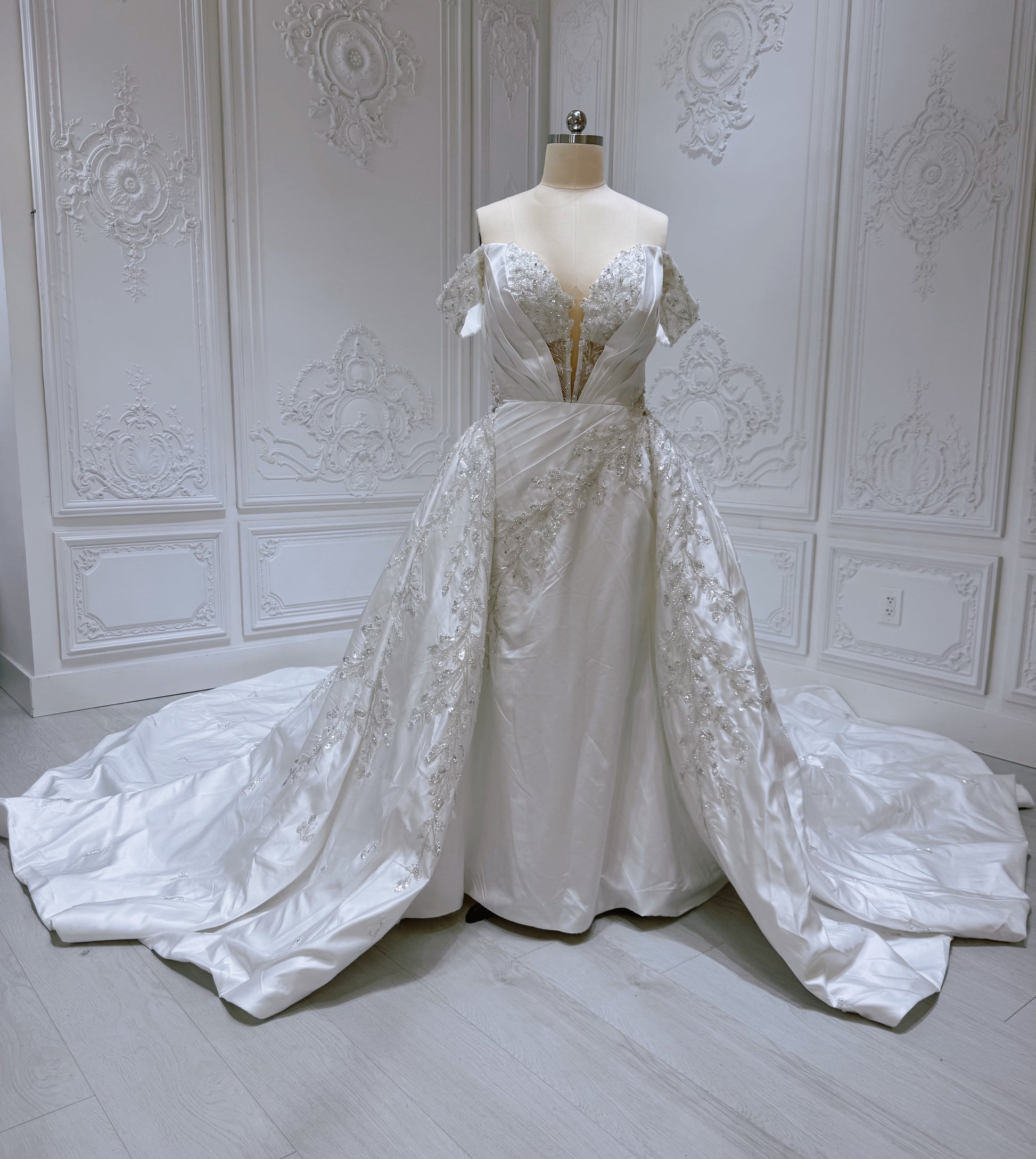 Custom-made off the shoulder pleated white satin with beading lace embroidered 2 in 1 style mermaid wedding dress with detachable skirt - Ting's Bridal Collection