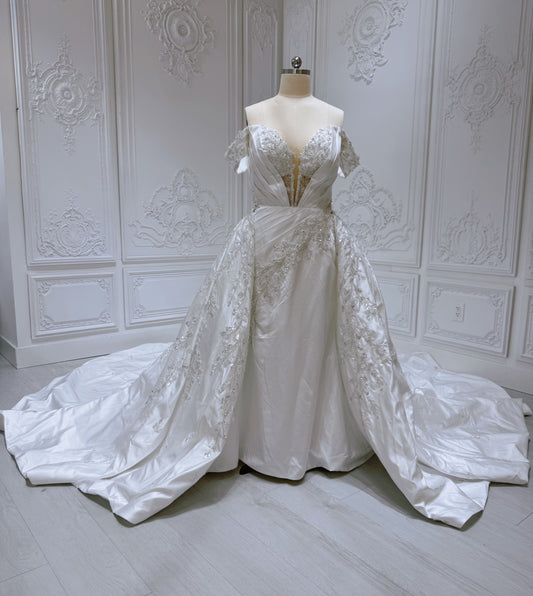 Custom-made off the shoulder pleated white satin with beading lace embroidered 2 in 1 style mermaid wedding dress with detachable skirt - Ting's Bridal Collection