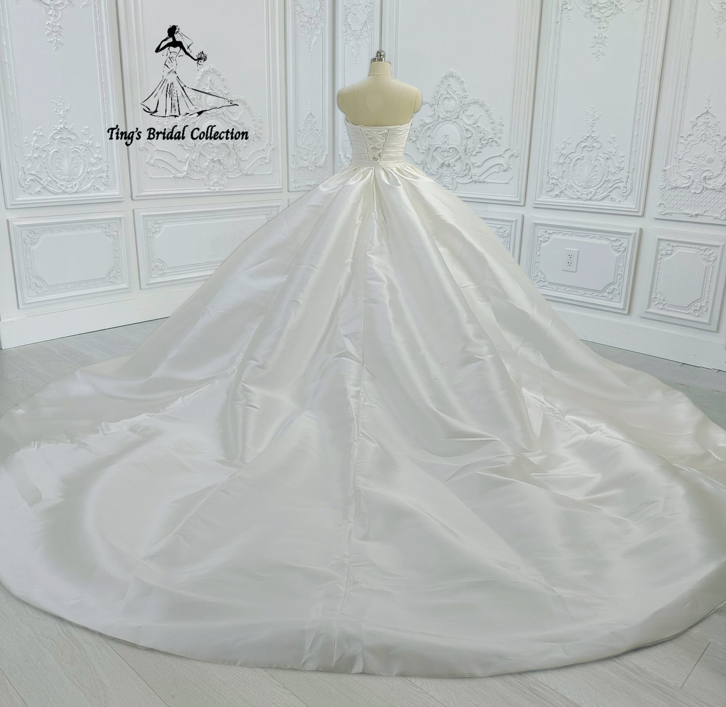 Custom-made strapless with V neck pleated white mikado satin 2 in 1 look split trumpet wedding dress with detachable skirt - Ting's Bridal Collection