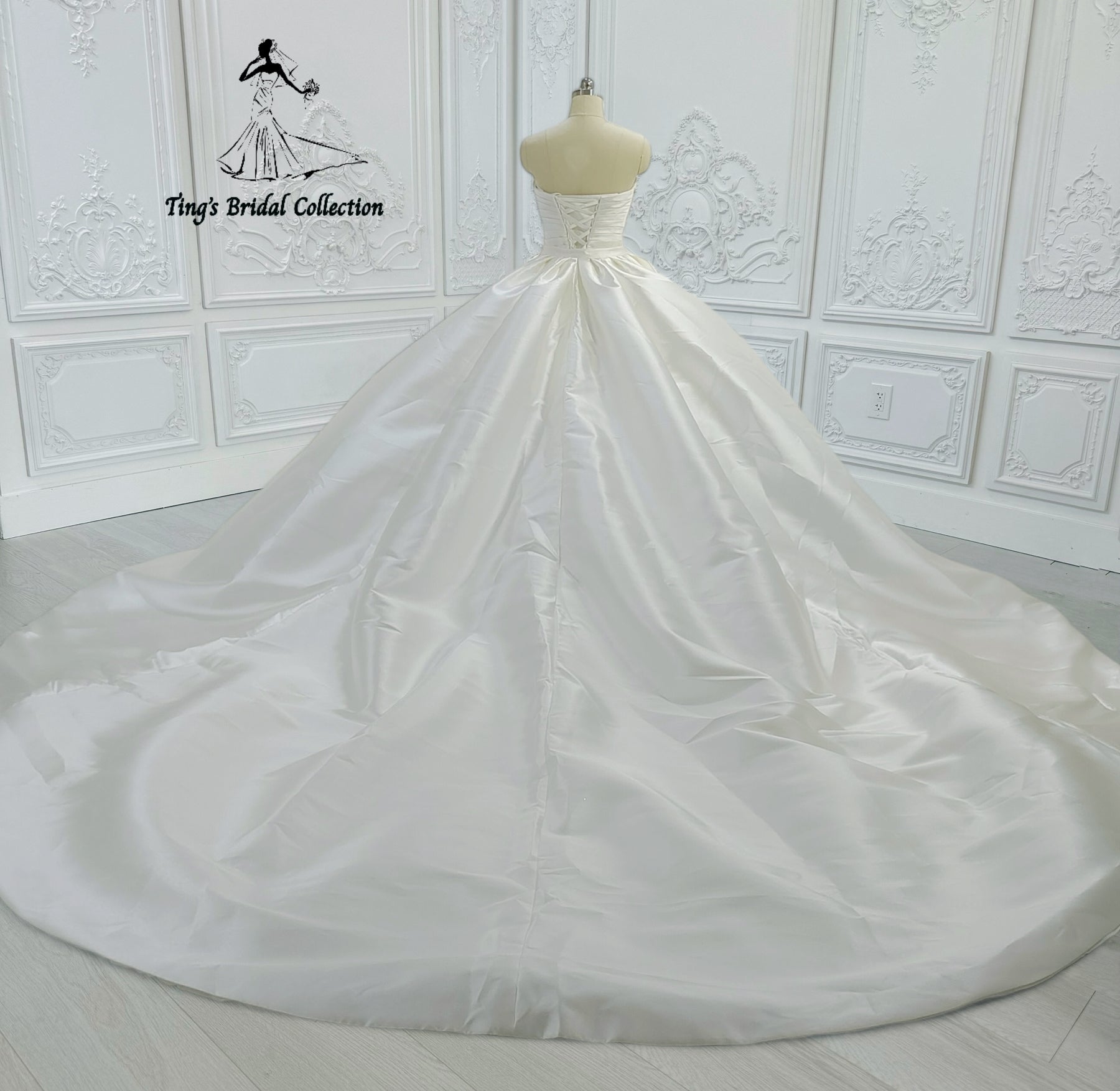 Custom-made strapless with V neck pleated white mikado satin 2 in 1 look split trumpet wedding dress with detachable skirt - Ting's Bridal Collection