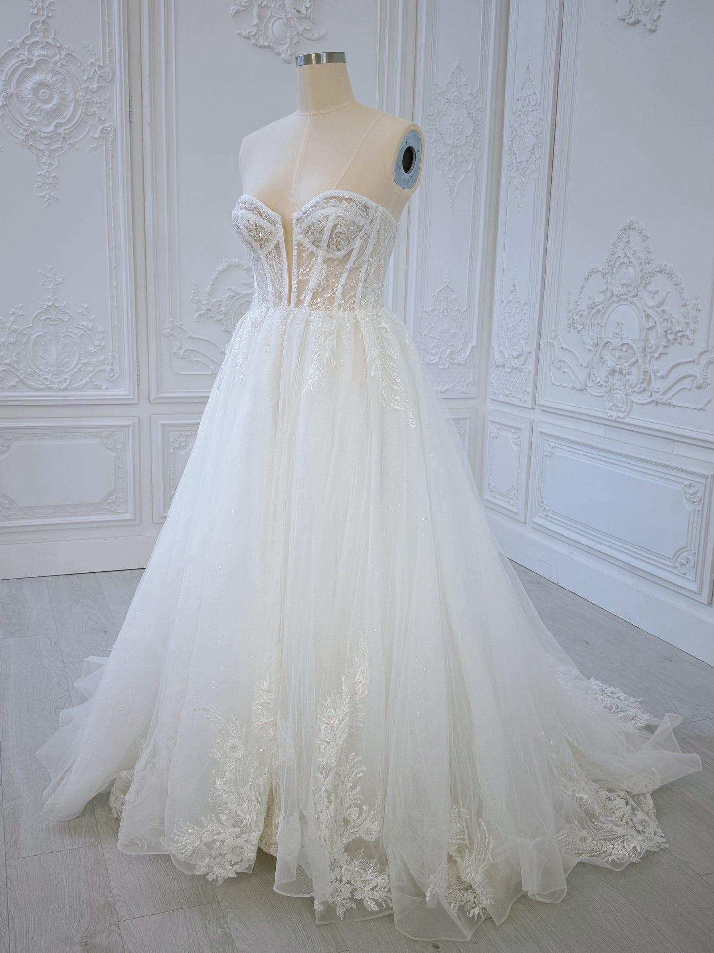 TBC-CM36 Custom-made lace embroidered strapless Aline wedding dress with split skirt