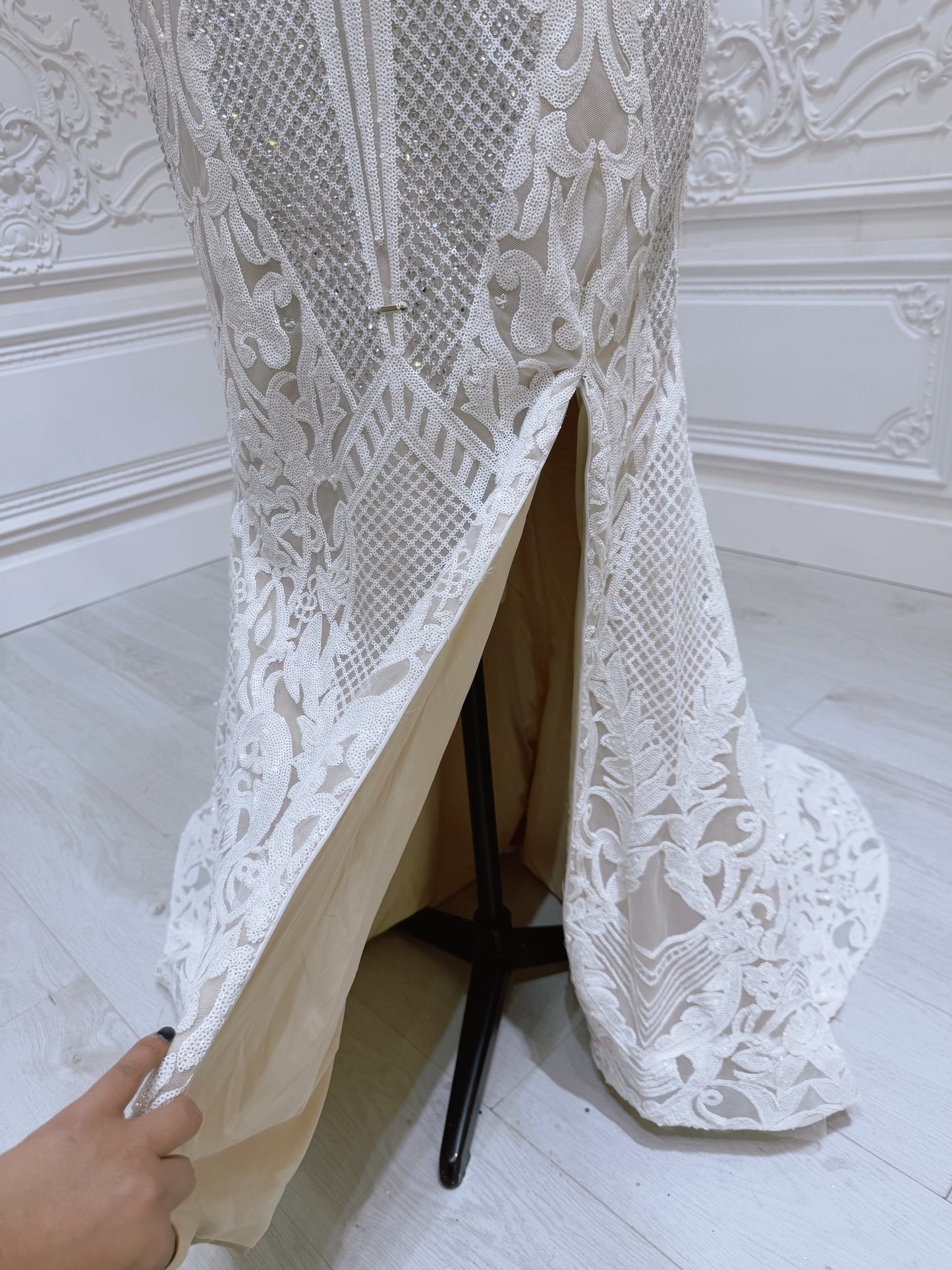 Stock Sale! Ivory crystal beaded fitting trumpet wedding dress with split