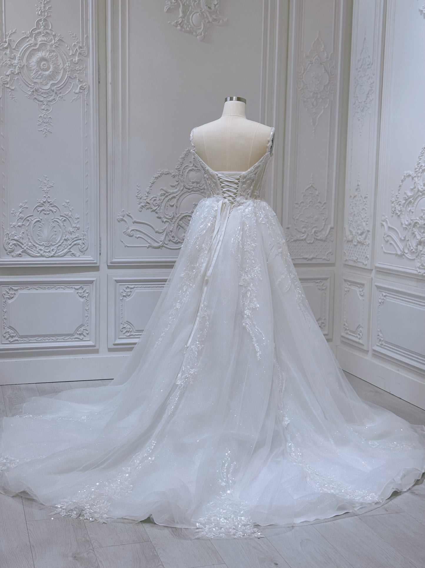 Stock Sale! Custom-made beading with 3D lace embroidered Aline wedding dress with split skirt - Ting's Bridal Collection