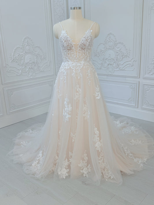 Stock Clearance! Blush color Spaghetti strap Deep V beach/outdoor wedding dress - Ting's Bridal Collection