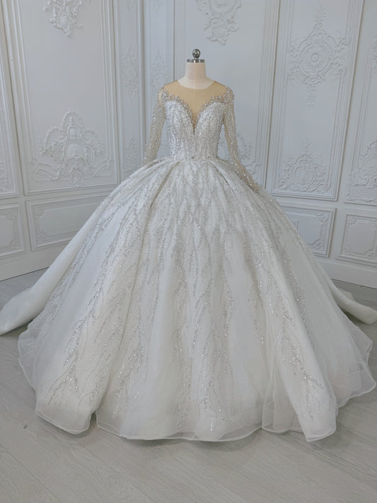 TMC-CM47 Custom-made luxury pearl with beading lace long sleeve 2 in 1 Ballgown&mermaid royal wedding dress