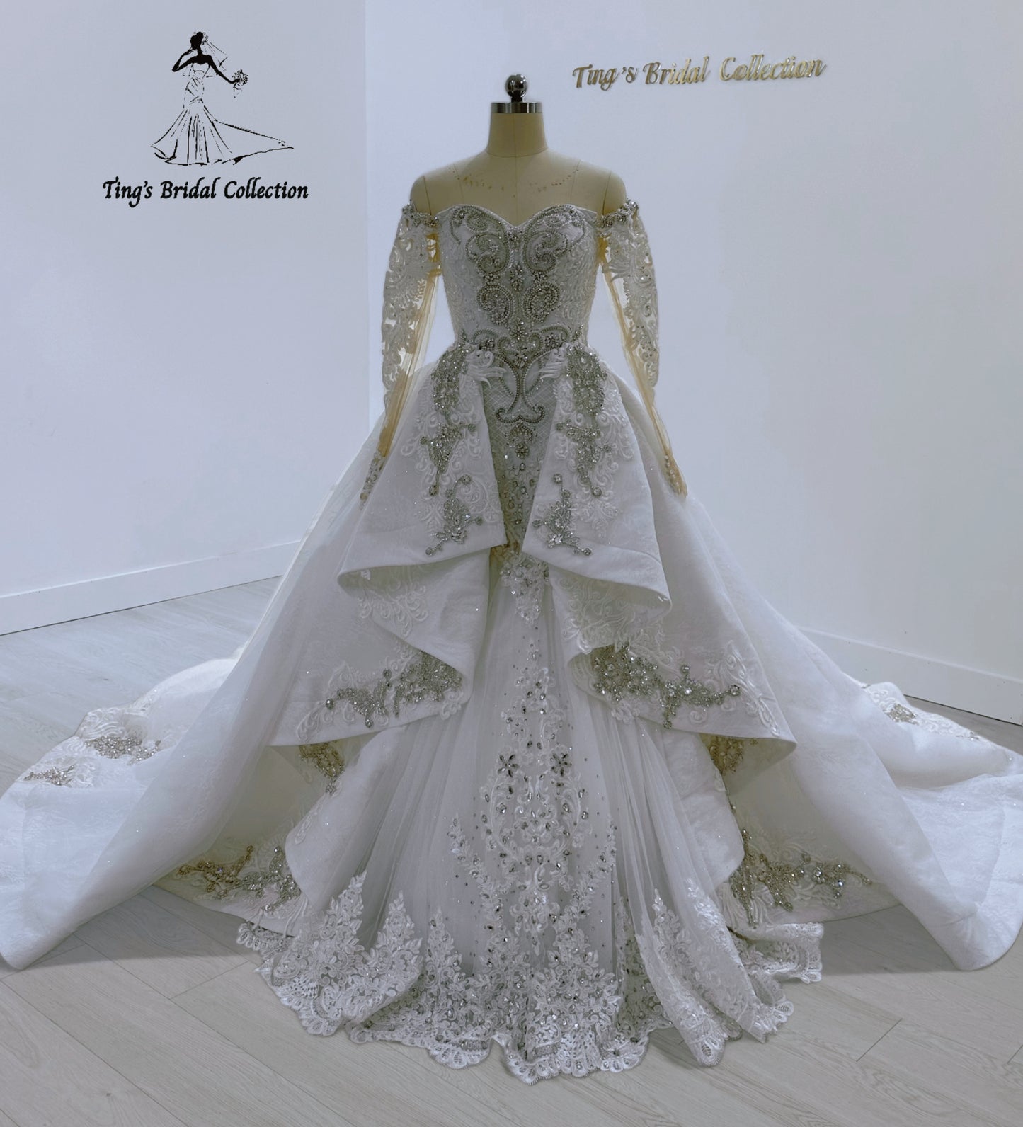 TBC-CM27 Custom-made Luxury crystal beaded off the shoulder 2 in 1 style mermaid wedding dress with detachable ruffled skirt