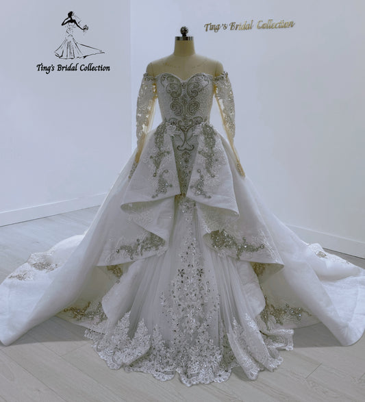 TBC-CM27 Custom-made Luxury crystal beaded off the shoulder 2 in 1 style mermaid wedding dress with detachable ruffled skirt