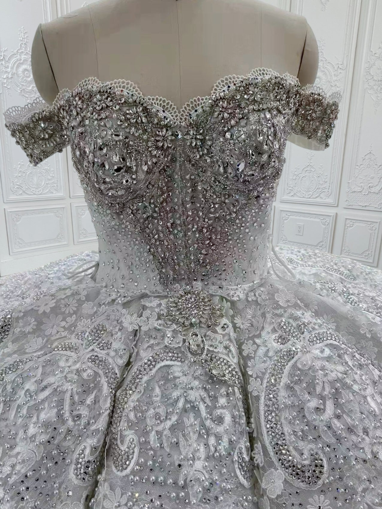 Custom-made luxury crystal beaded sparkling off the shoulder lace embroidered ballgown royal wedding dress - Ting's Bridal Collection