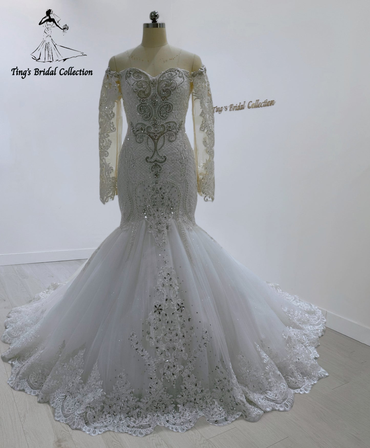 TBC-CM27 Custom-made Luxury crystal beaded off the shoulder 2 in 1 style mermaid wedding dress with detachable ruffled skirt