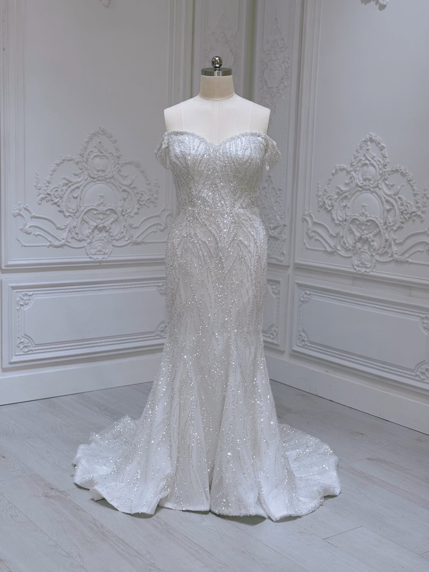 TBC-2IN1-006 Sale White beading lace off the shoulder 2 in 1 style mermaid with detachable skirt